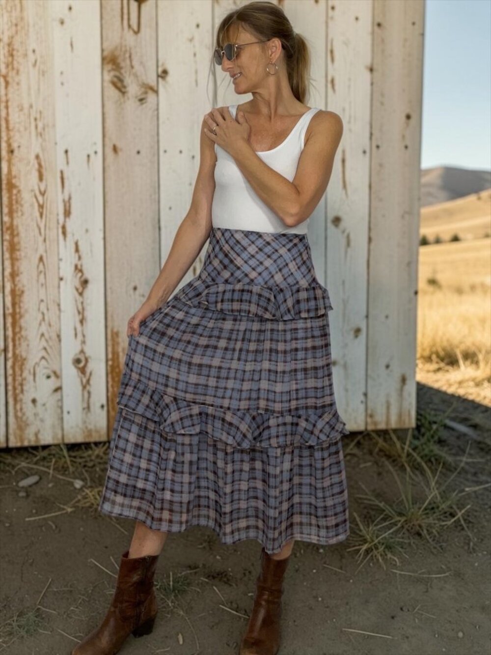 En Saison Briar Plaid Ruffle Tiered Midi Skirt XS Brown Blue Western - Picture 1 of 13